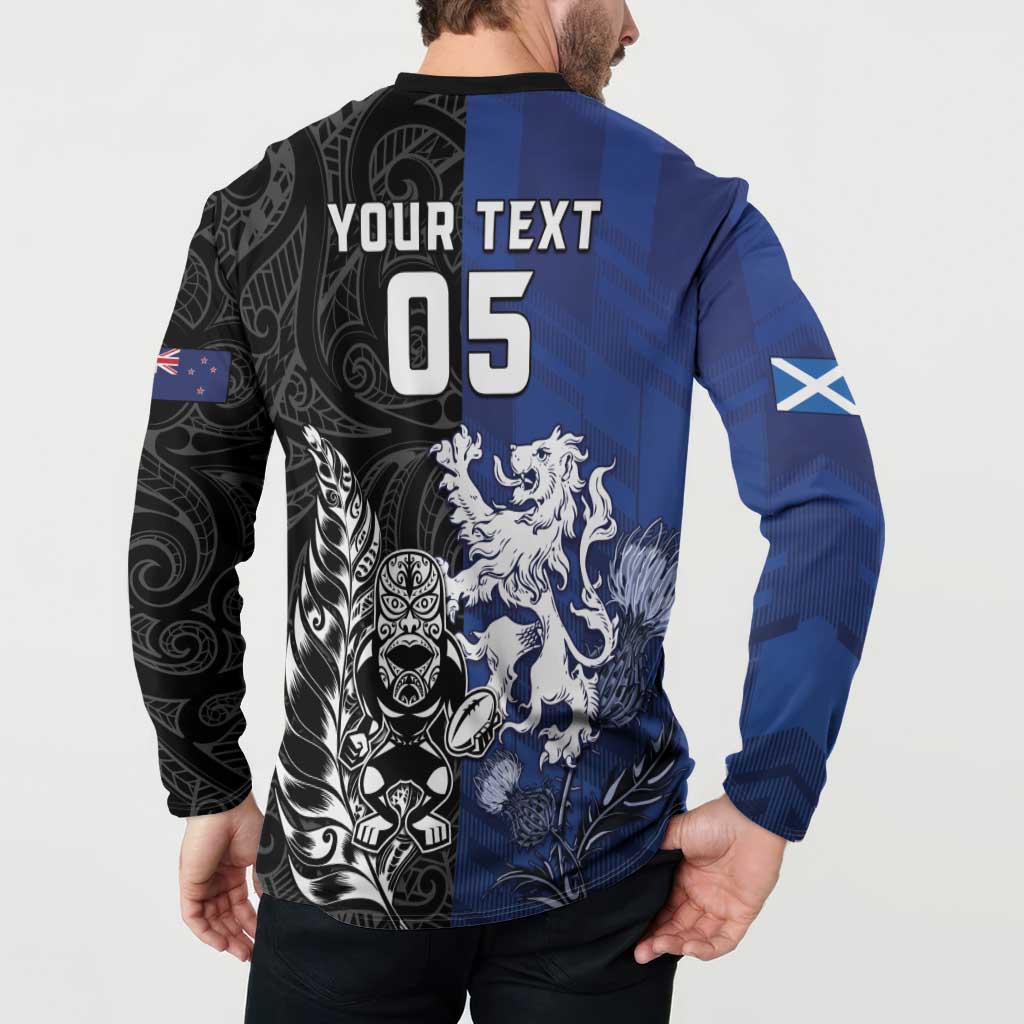 New Zealand And Scotland Rugby Custom Button Sweatshirt Maori Tiki With Thistle Together