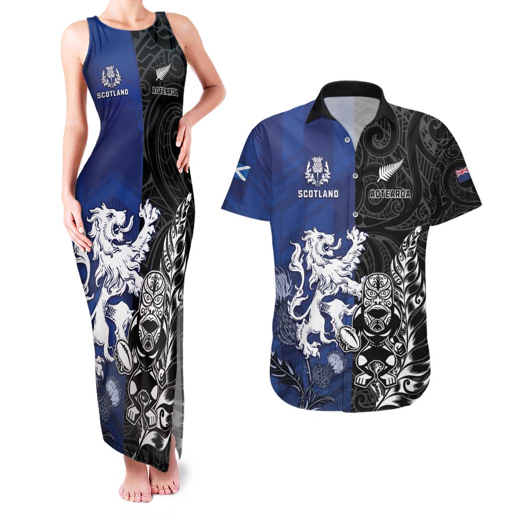 New Zealand And Scotland Rugby Custom Couples Matching Tank Maxi Dress and Hawaiian Shirt Maori Tiki With Thistle Together
