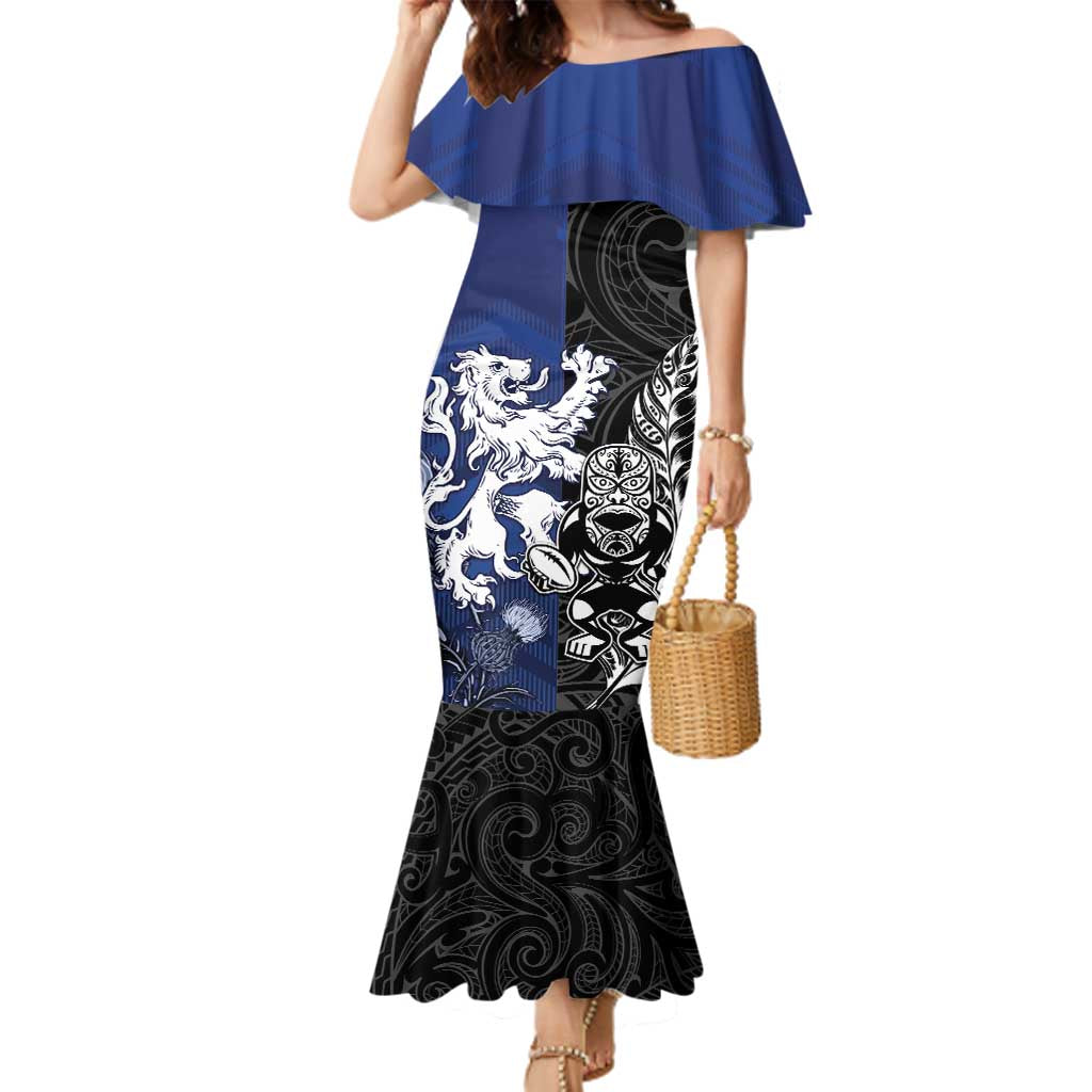 New Zealand And Scotland Rugby Custom Family Matching Mermaid Dress and Hawaiian Shirt Maori Tiki With Thistle Together