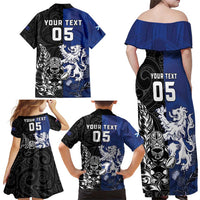 New Zealand And Scotland Rugby Custom Family Matching Off Shoulder Maxi Dress and Hawaiian Shirt Maori Tiki With Thistle Together
