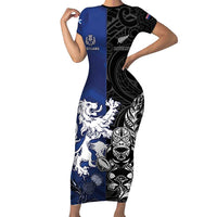 New Zealand And Scotland Rugby Custom Family Matching Short Sleeve Bodycon Dress and Hawaiian Shirt Maori Tiki With Thistle Together