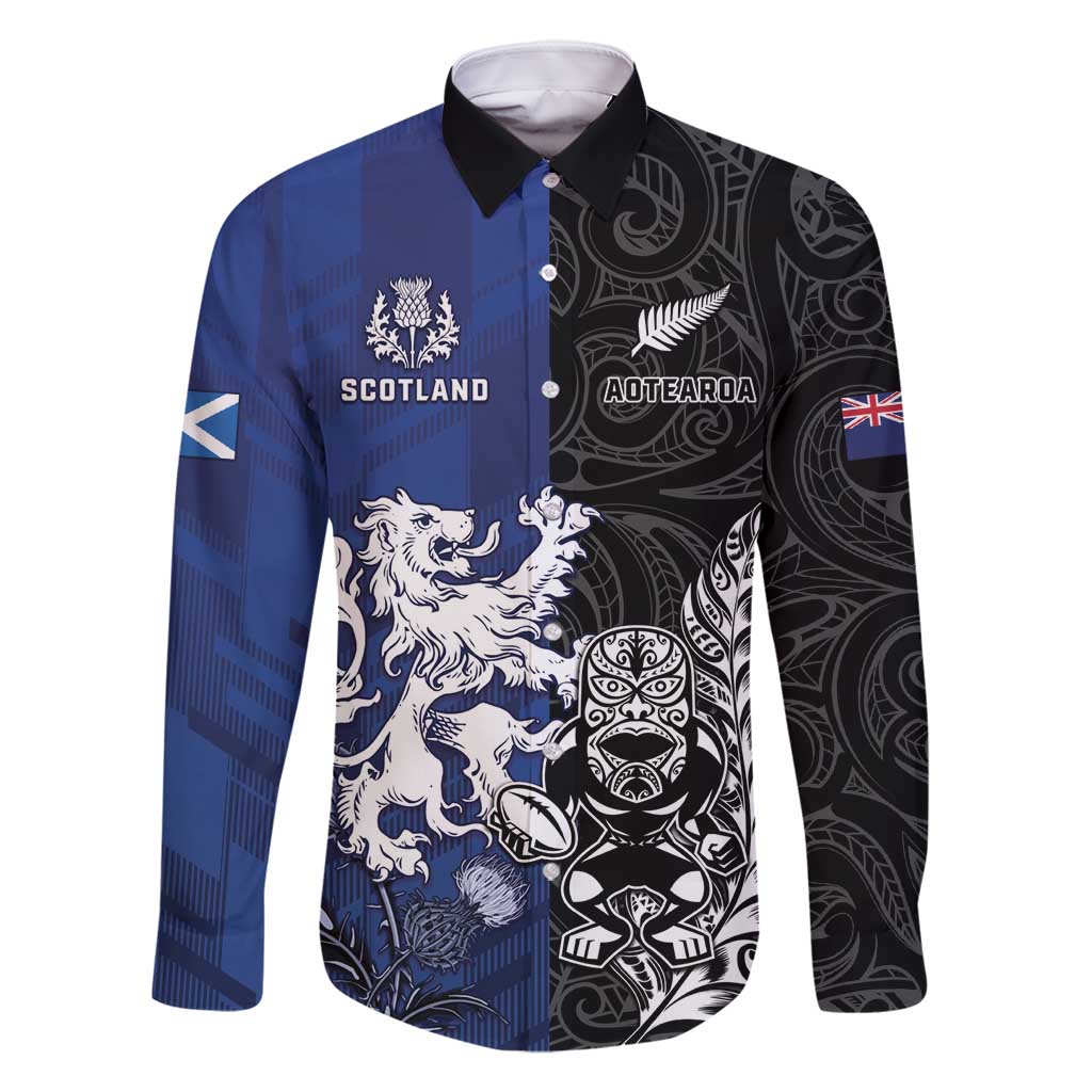 New Zealand And Scotland Rugby Custom Family Matching Tank Maxi Dress and Hawaiian Shirt Maori Tiki With Thistle Together
