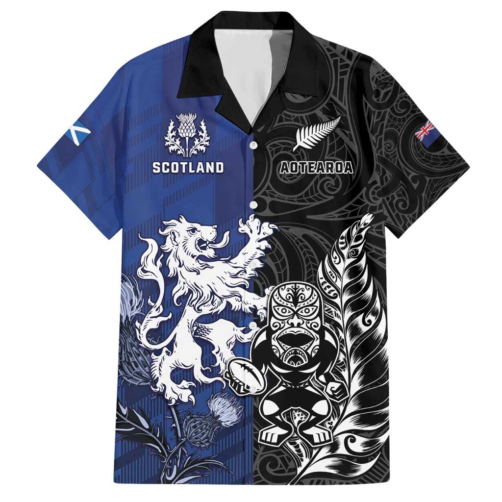 New Zealand And Scotland Rugby Custom Hawaiian Shirt Maori Tiki With Thistle Together