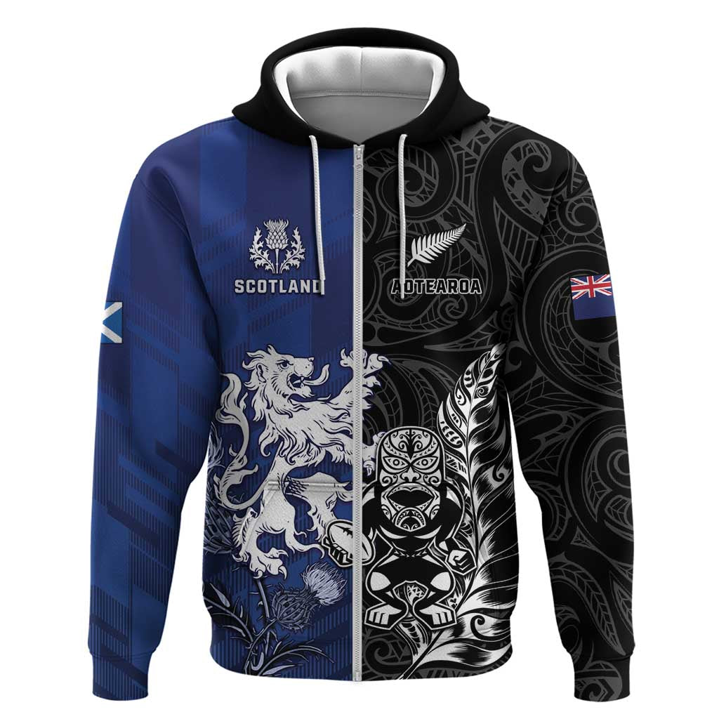 New Zealand And Scotland Rugby Custom Hoodie Maori Tiki With Thistle Together