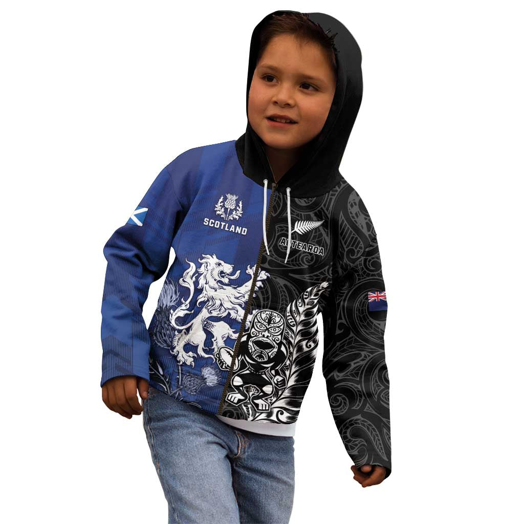 New Zealand And Scotland Rugby Custom Kid Hoodie Maori Tiki With Thistle Together