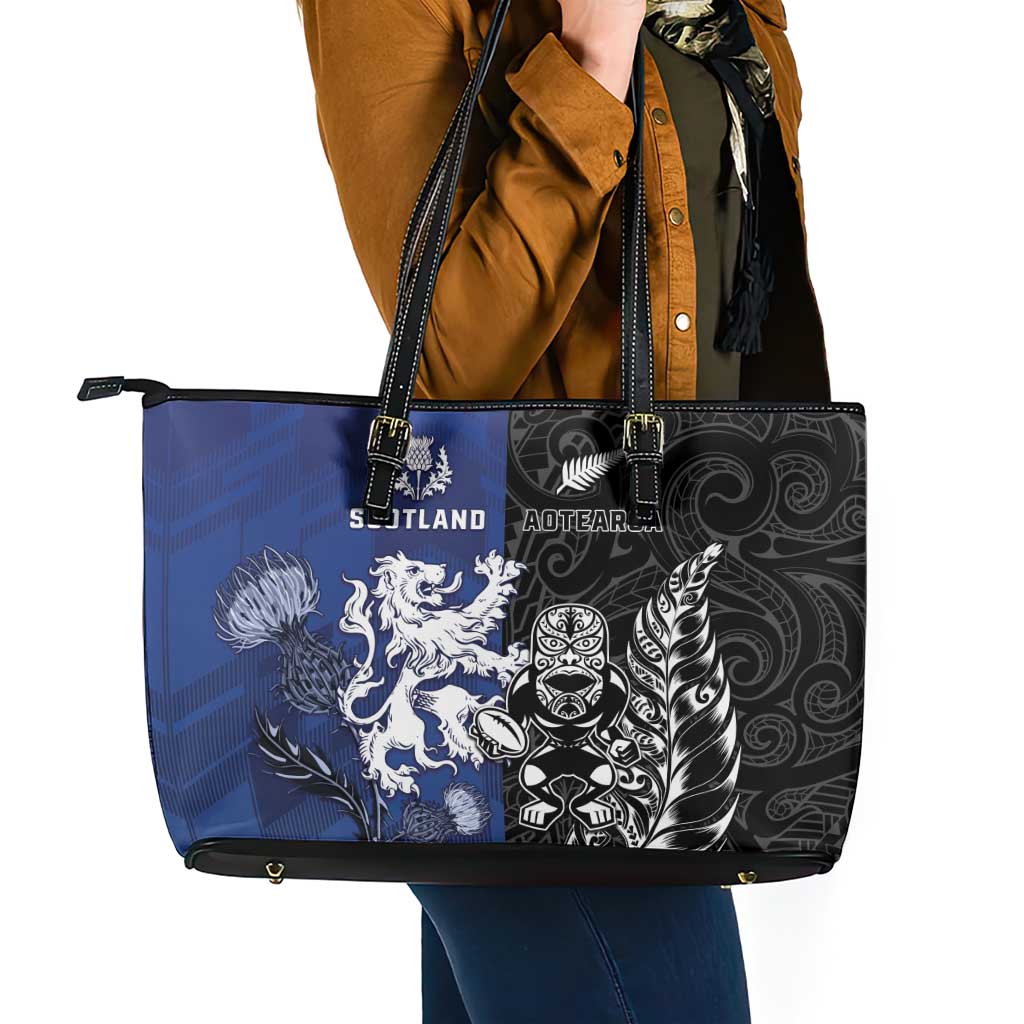 New Zealand And Scotland Rugby Leather Tote Bag Maori Tiki With Thistle Together