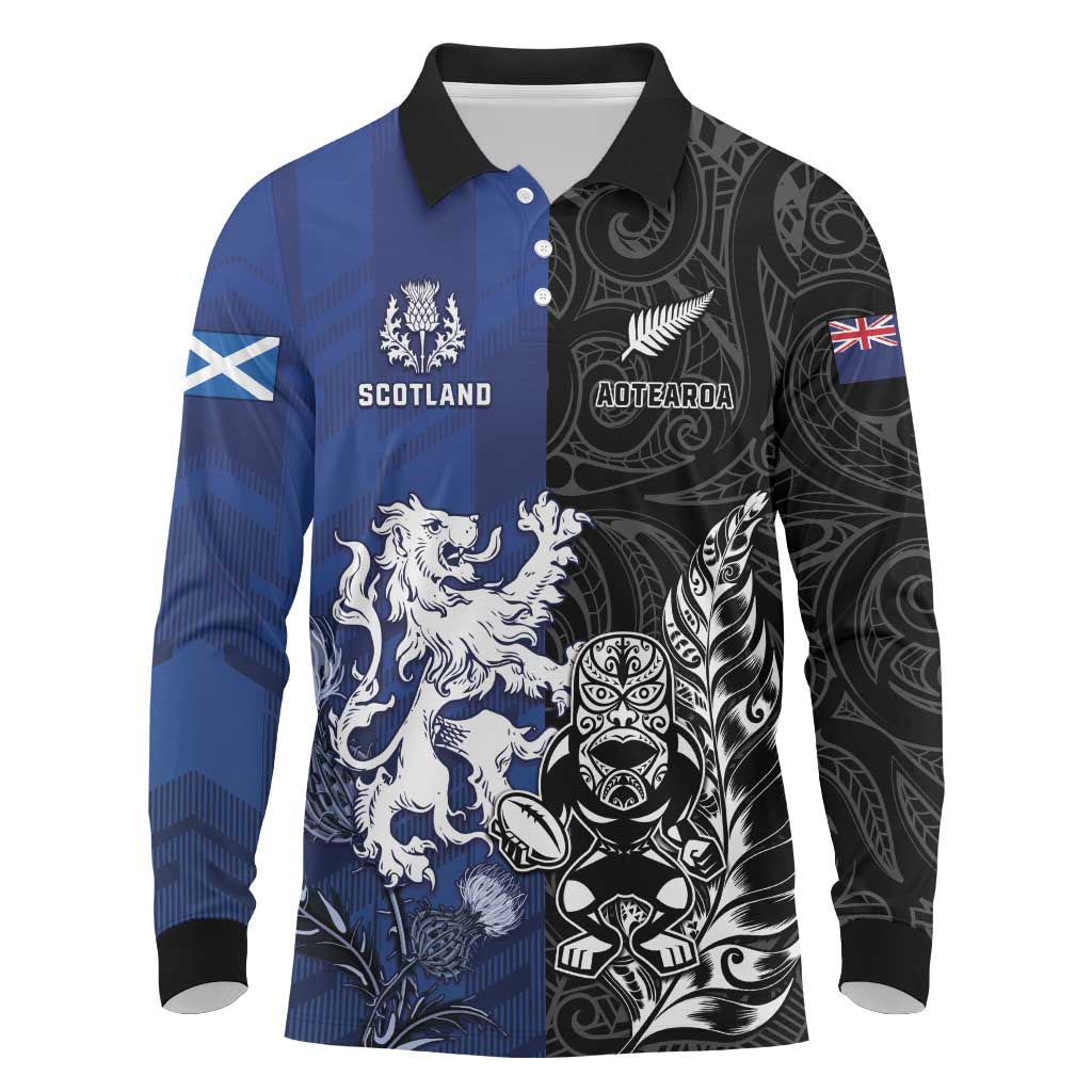New Zealand And Scotland Rugby Custom Long Sleeve Polo Shirt Maori Tiki With Thistle Together