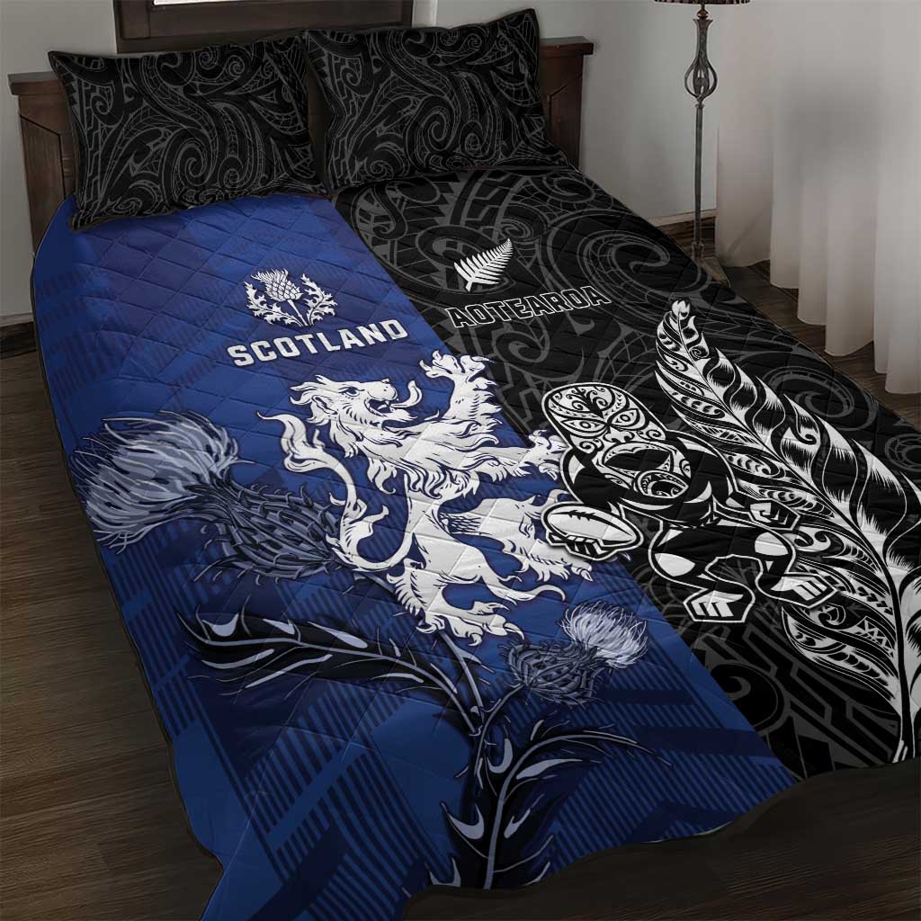 New Zealand And Scotland Rugby Quilt Bed Set Maori Tiki With Thistle Together