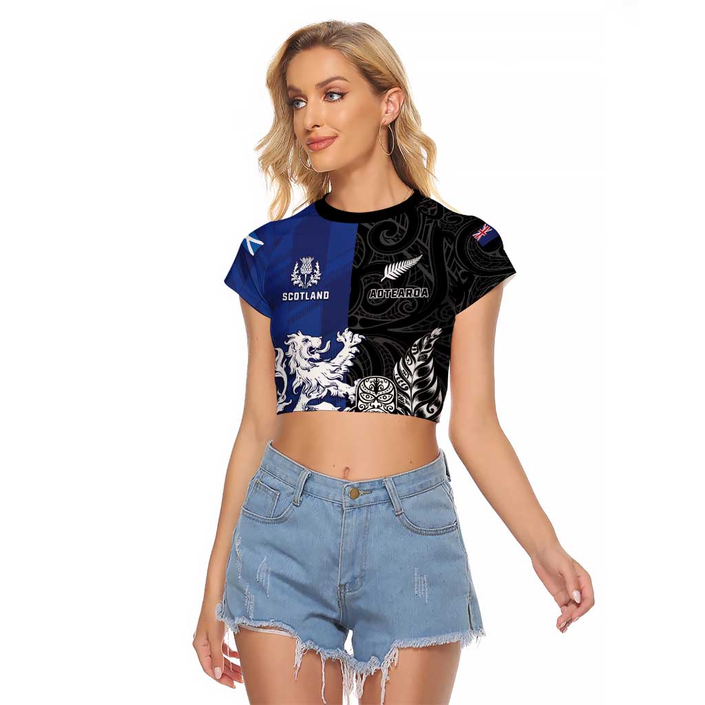 New Zealand And Scotland Rugby Custom Raglan Cropped T Shirt Maori Tiki With Thistle Together