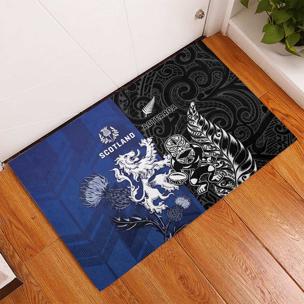 New Zealand And Scotland Rugby Rubber Doormat Maori Tiki With Thistle Together