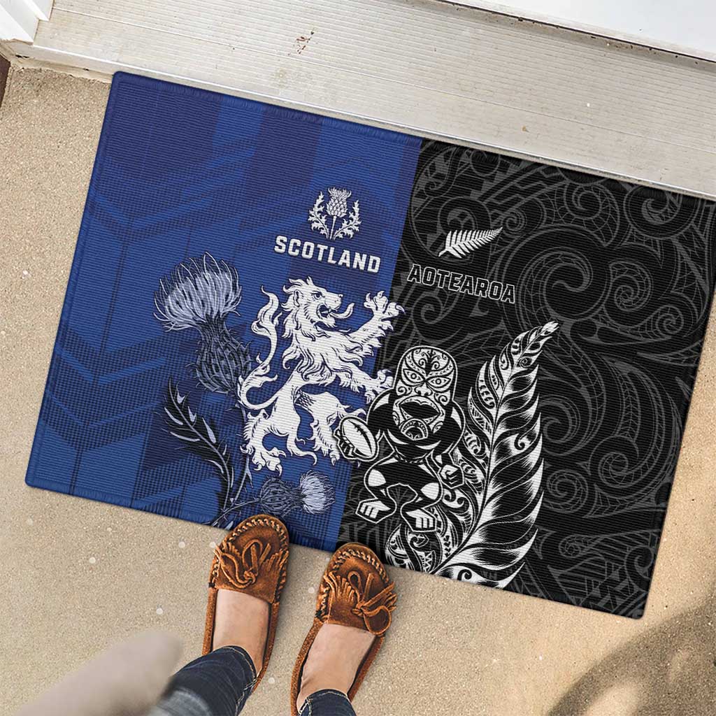 New Zealand And Scotland Rugby Rubber Doormat Maori Tiki With Thistle Together