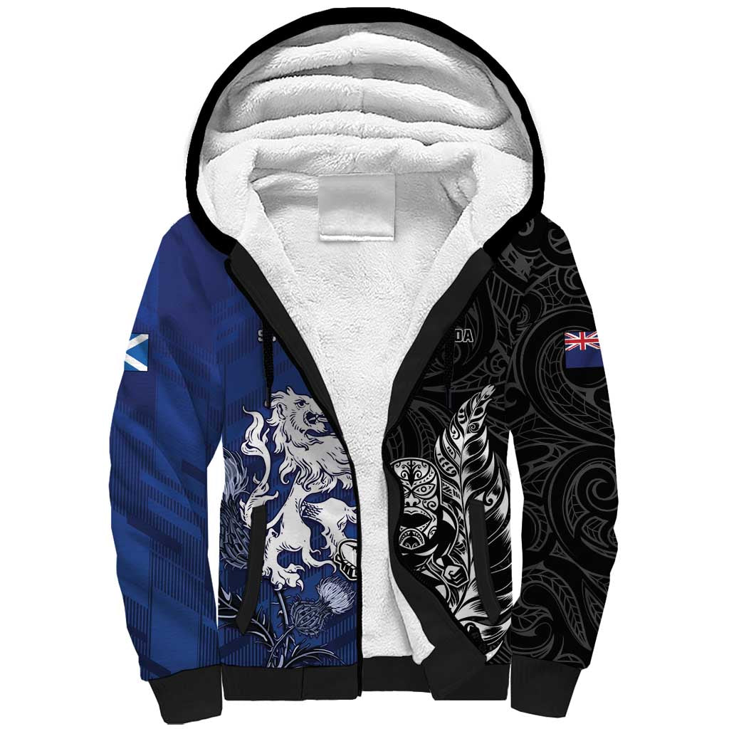 New Zealand And Scotland Rugby Custom Sherpa Hoodie Maori Tiki With Thistle Together