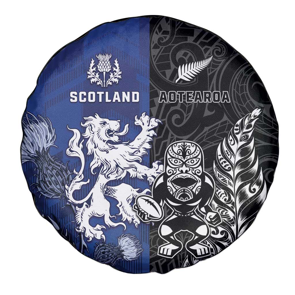 New Zealand And Scotland Rugby Spare Tire Cover Maori Tiki With Thistle Together
