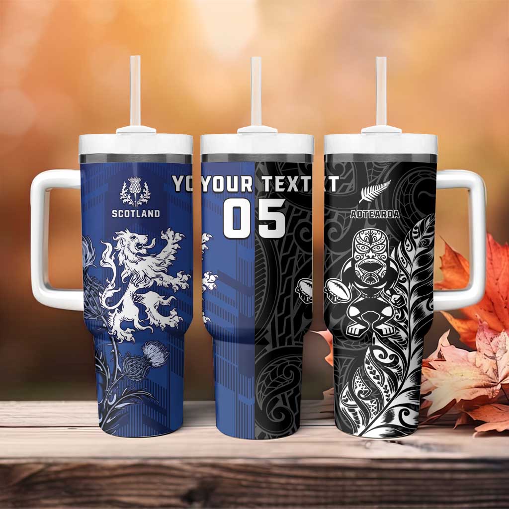 New Zealand And Scotland Rugby Custom Tumbler With Handle Maori Tiki With Thistle Together