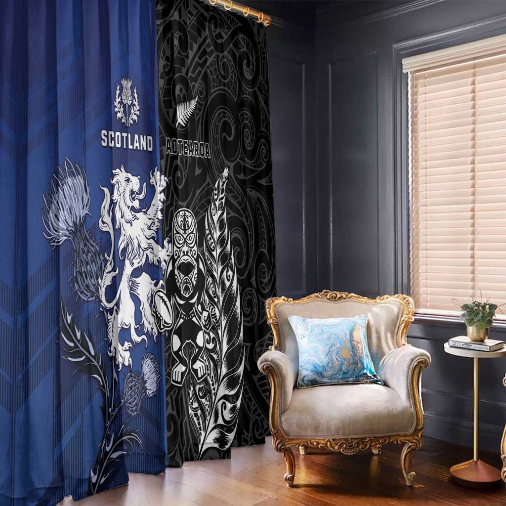 New Zealand And Scotland Rugby Window Curtain Maori Tiki With Thistle Together