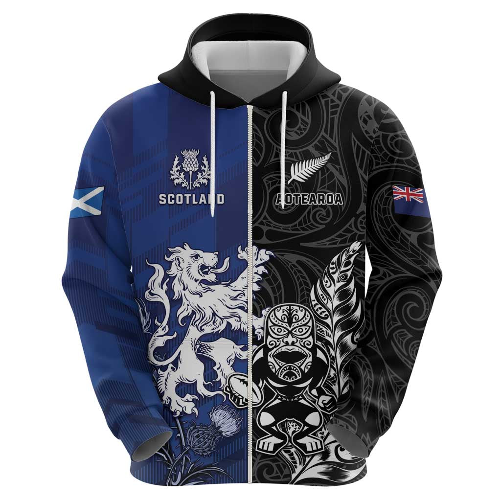 New Zealand And Scotland Rugby Custom Zip Hoodie Maori Tiki With Thistle Together