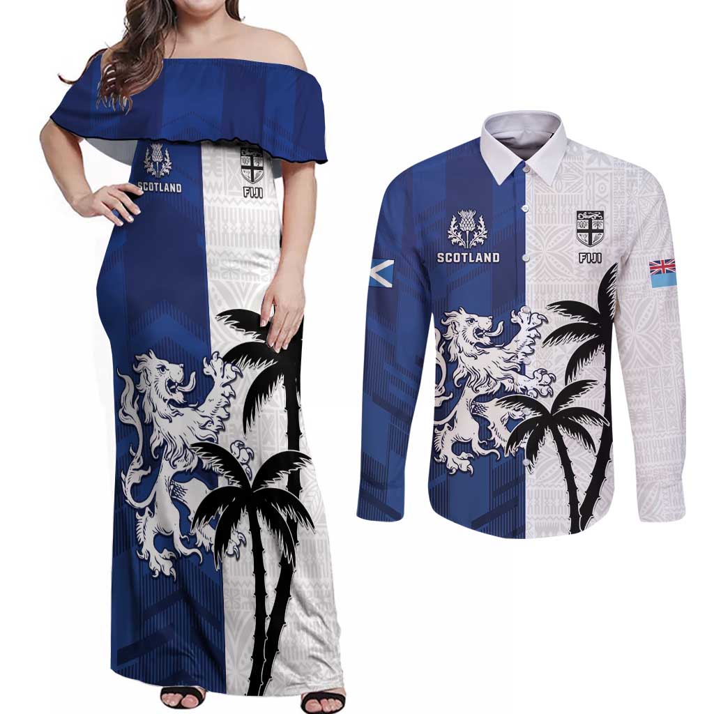 Fiji And Scotland Rugby Custom Couples Matching Off Shoulder Maxi Dress and Long Sleeve Button Shirt Fijian Palm Tree With Thistle Together