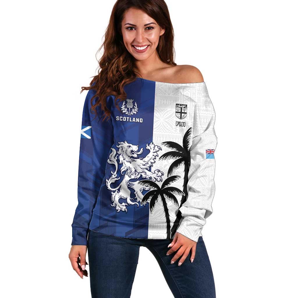 Fiji And Scotland Rugby Custom Off Shoulder Sweater Fijian Palm Tree With Thistle Together