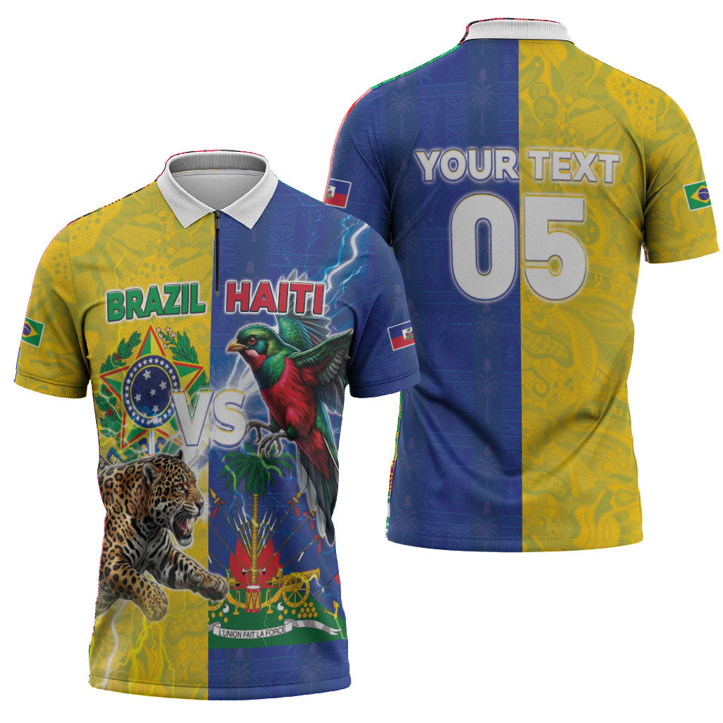 Custom Brazil And Haiti Football Zipper Polo Shirt Jaguar With Kanson Wouj Special Style