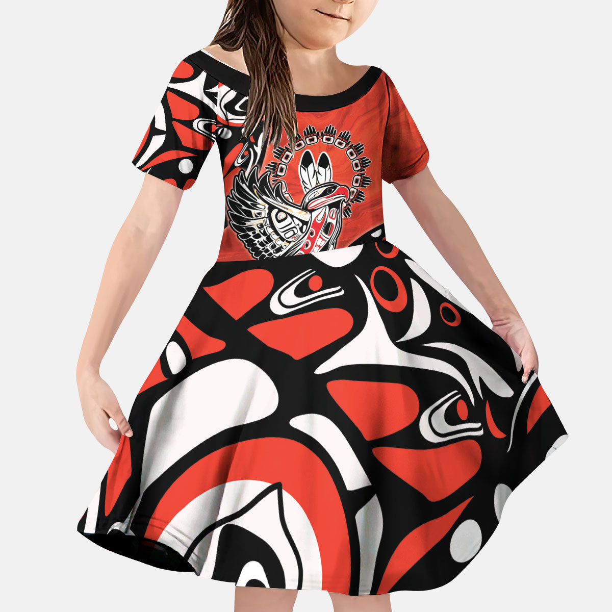 Canada National Indigenous Peoples Day Kid Short Sleeve Dress Haida Art Eagle