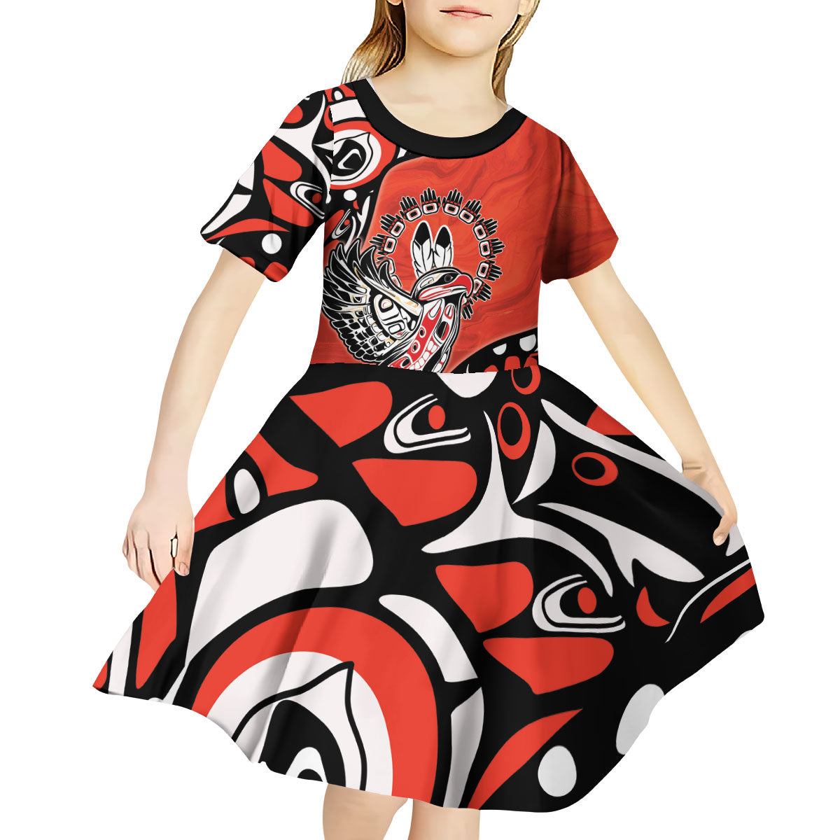 Canada National Indigenous Peoples Day Kid Short Sleeve Dress Haida Art Eagle