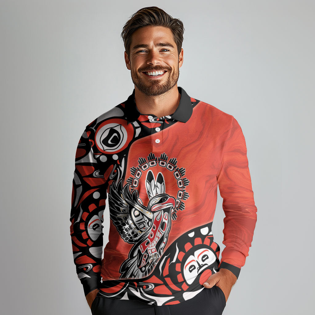 Canada National Indigenous Peoples Day Long Sleeve Polo Shirt Haida Art Eagle