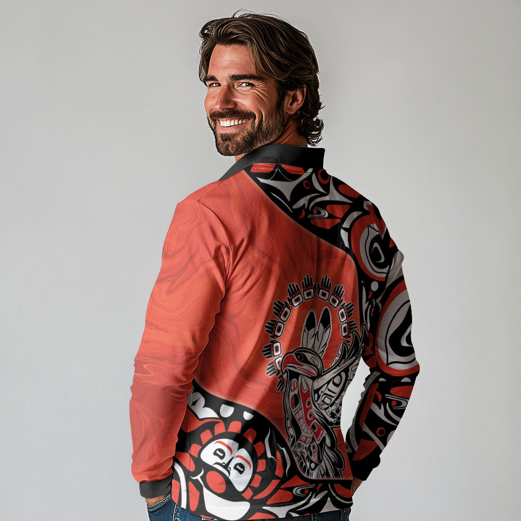Canada National Indigenous Peoples Day Long Sleeve Polo Shirt Haida Art Eagle
