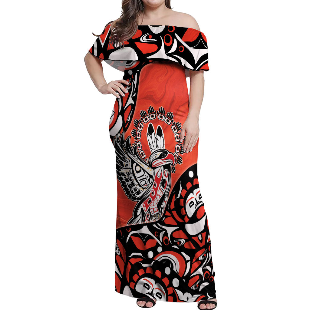 Canada National Indigenous Peoples Day Off Shoulder Maxi Dress Haida Art Eagle