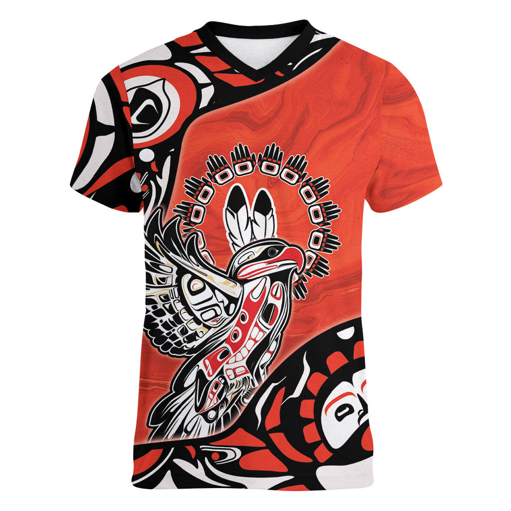 Canada National Indigenous Peoples Day Women V-Neck T-Shirt Haida Art Eagle