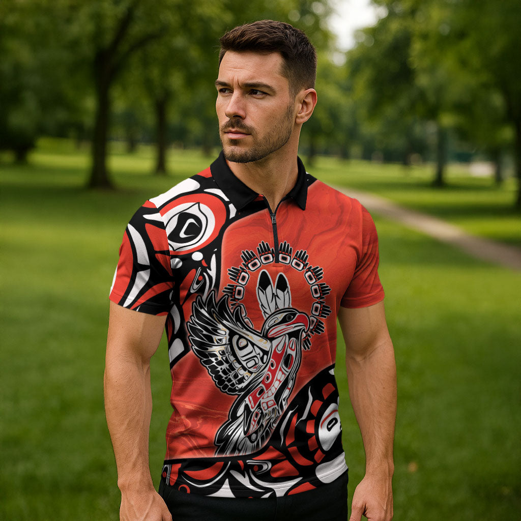 Canada National Indigenous Peoples Day Zipper Polo Shirt Haida Art Eagle