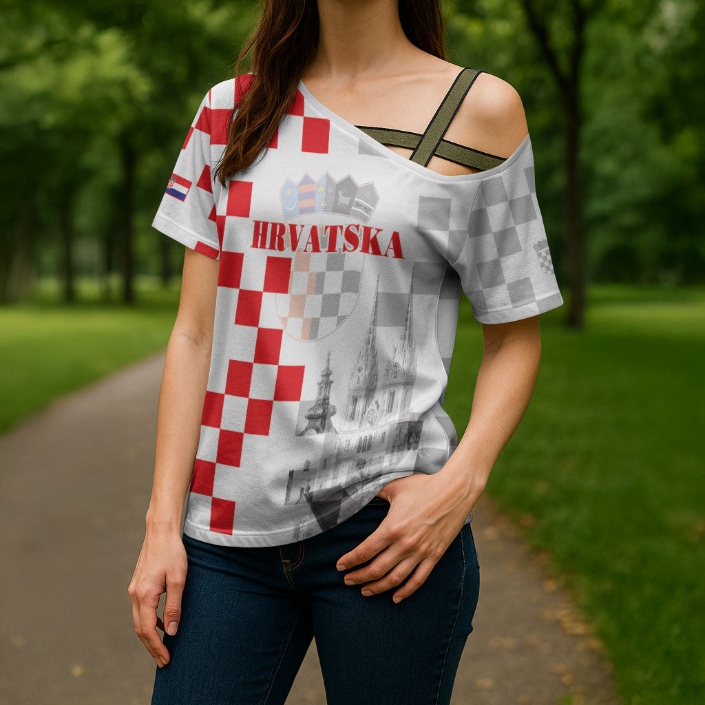 Personalized Croatia Hrvatska Cross Shoulder Shirt National Day 2026 White Version