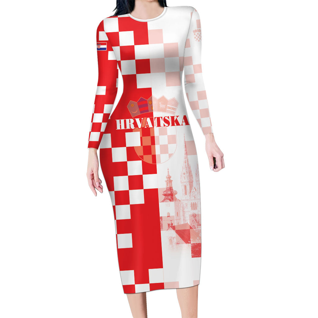 Personalized Croatia Hrvatska Long Sleeve Bodycon Dress National Day 2026 Red Version