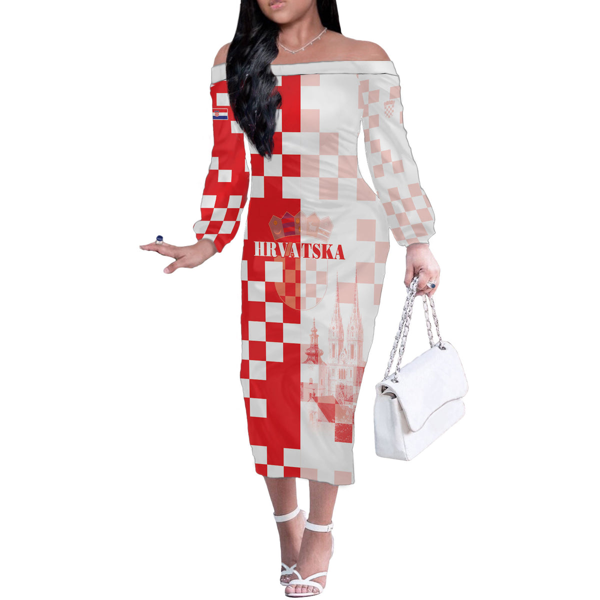 Personalized Croatia Hrvatska Off The Shoulder Long Sleeve Dress National Day 2026 Red Version