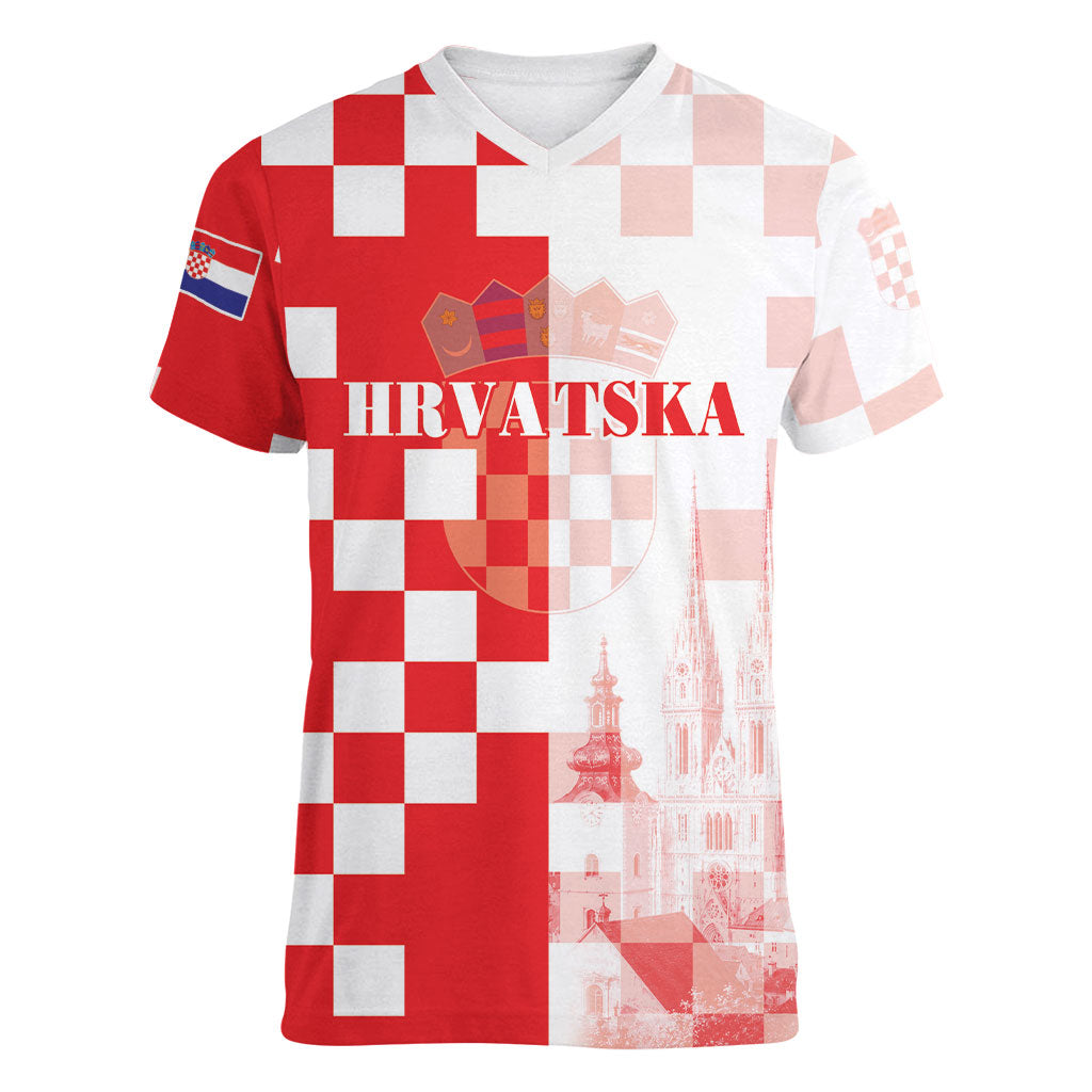 Personalized Croatia Hrvatska Women V-Neck T-Shirt National Day 2026 Red Version