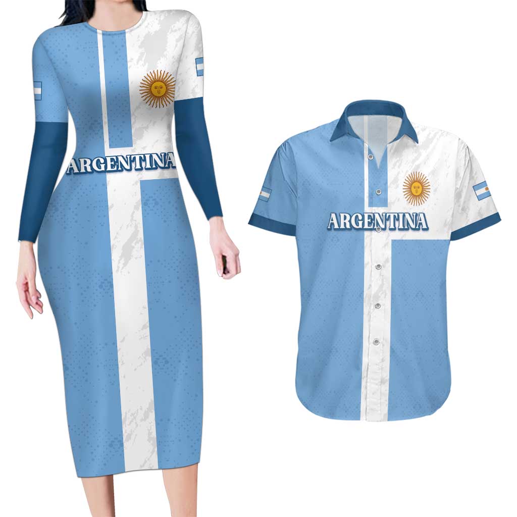 Custom Argentina 2024 Football Couples Matching Long Sleeve Bodycon Dress and Hawaiian Shirt Sport Style LT05 - Wonder Print Shop