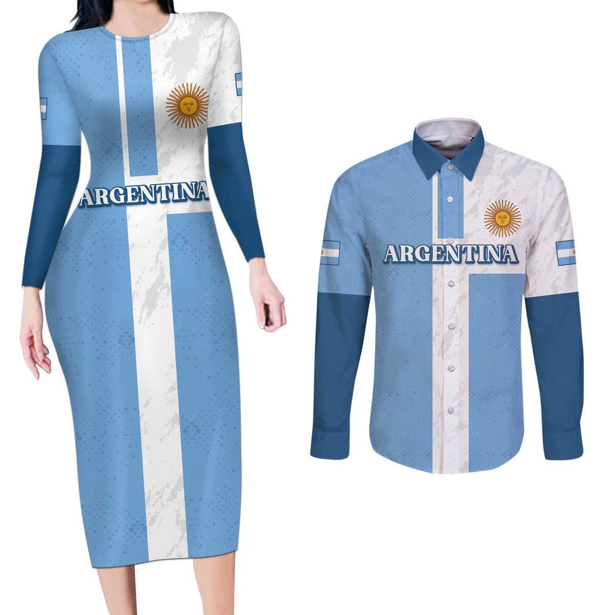Custom Argentina 2024 Football Couples Matching Long Sleeve Bodycon Dress and Long Sleeve Button Shirt Sport Style LT05 - Wonder Print Shop