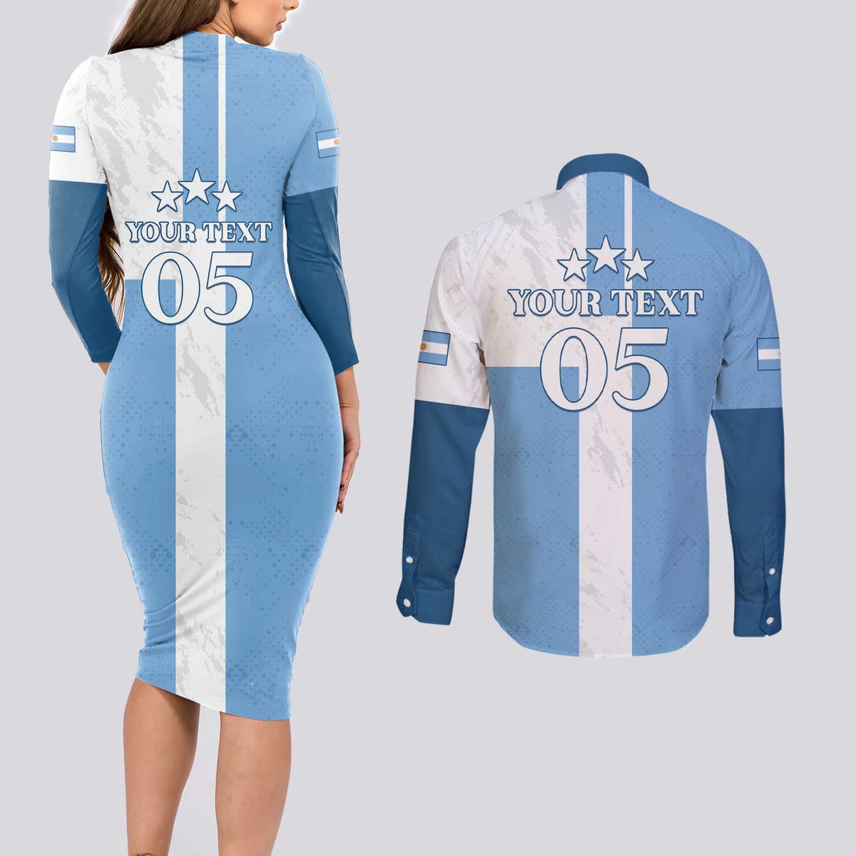Custom Argentina 2024 Football Couples Matching Long Sleeve Bodycon Dress and Long Sleeve Button Shirt Sport Style LT05 - Wonder Print Shop