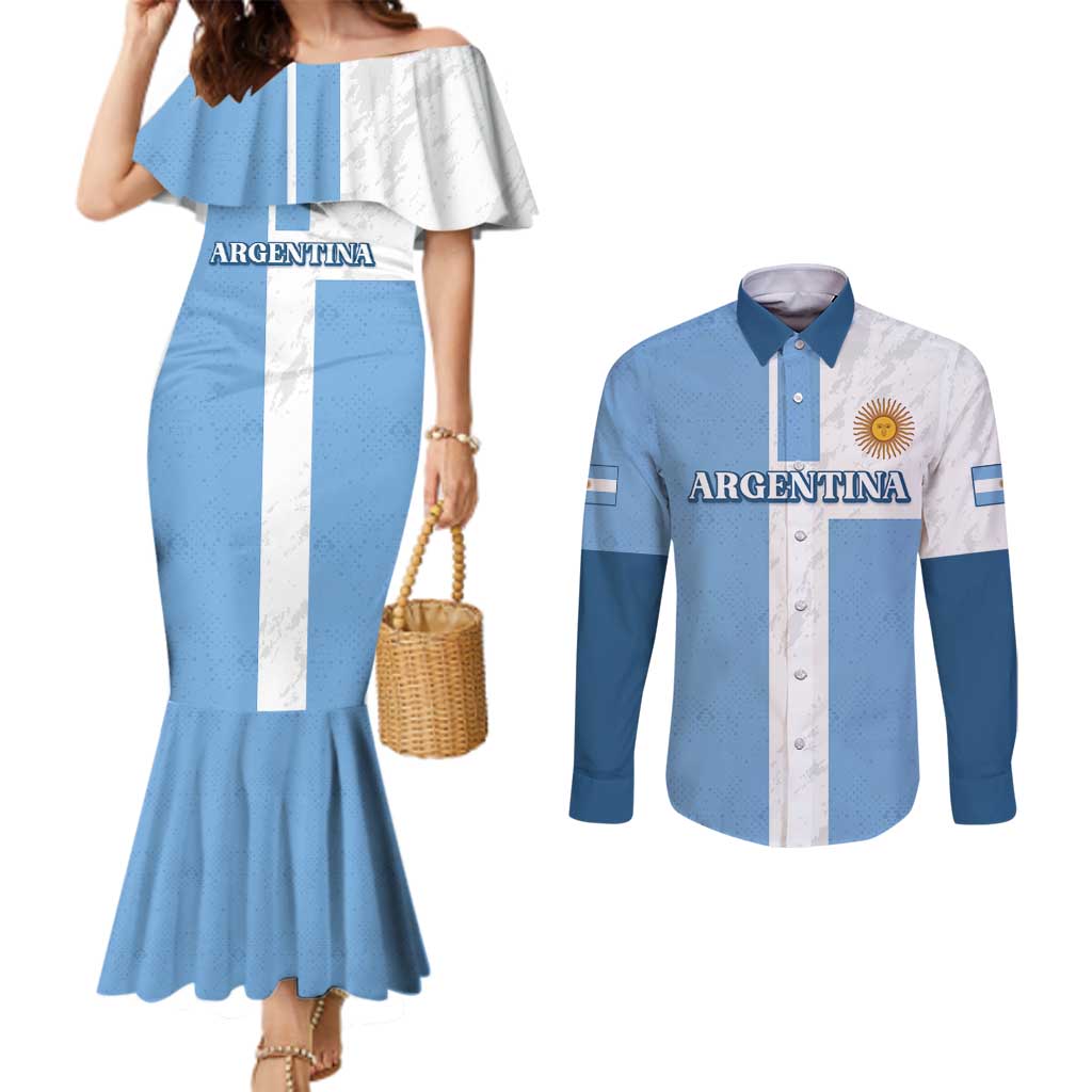 Custom Argentina 2024 Football Couples Matching Mermaid Dress and Long Sleeve Button Shirt Sport Style