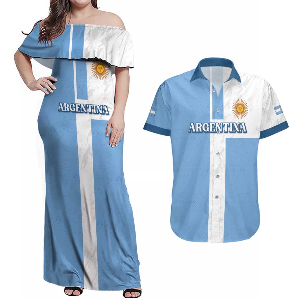 Custom Argentina 2024 Football Couples Matching Off Shoulder Maxi Dress and Hawaiian Shirt Sport Style LT05 - Wonder Print Shop