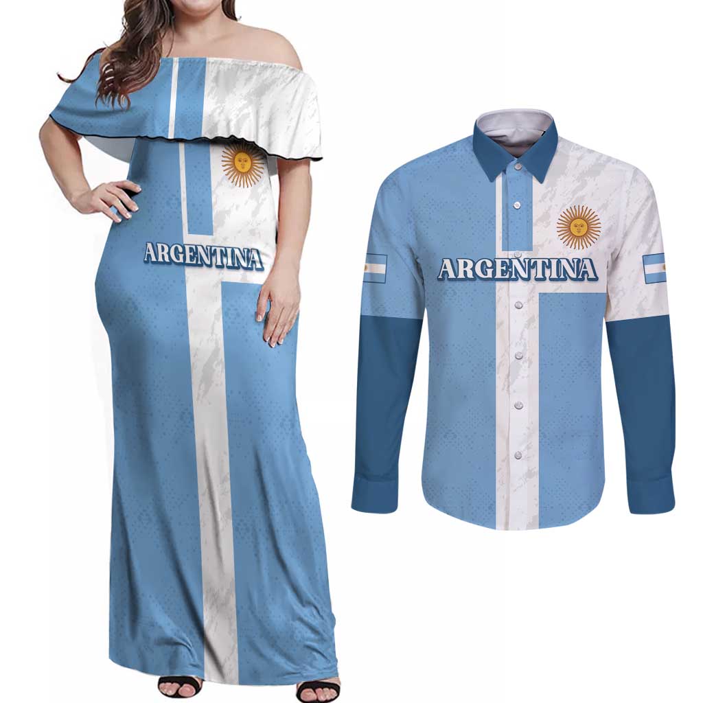 Custom Argentina 2024 Football Couples Matching Off Shoulder Maxi Dress and Long Sleeve Button Shirt Sport Style LT05 - Wonder Print Shop