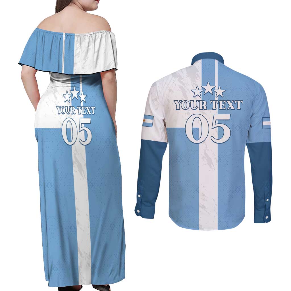 Custom Argentina 2024 Football Couples Matching Off Shoulder Maxi Dress and Long Sleeve Button Shirt Sport Style LT05 - Wonder Print Shop