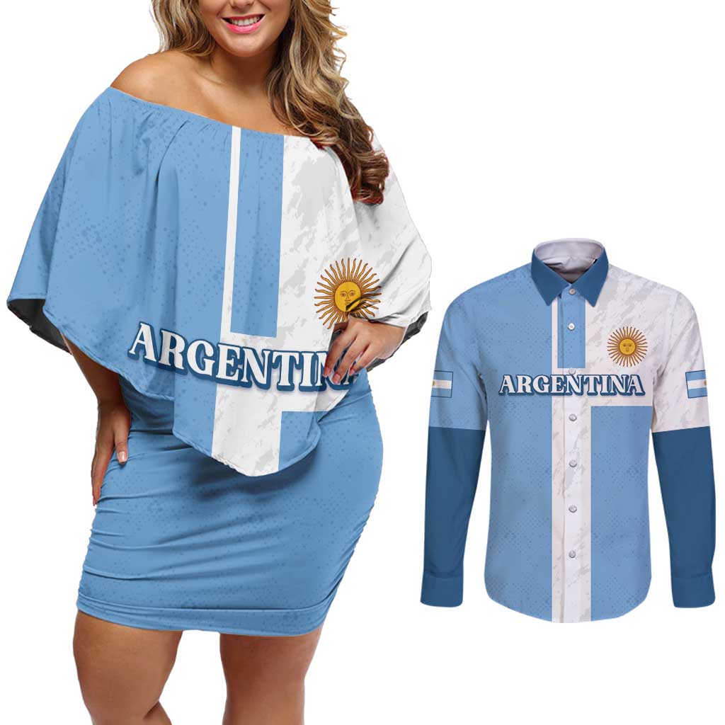 Custom Argentina 2024 Football Couples Matching Off Shoulder Short Dress and Long Sleeve Button Shirt Sport Style LT05 - Wonder Print Shop