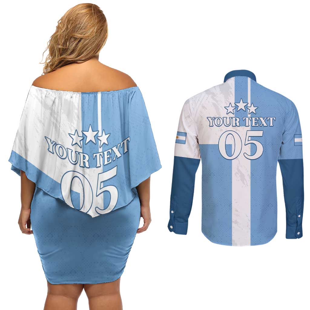 Custom Argentina 2024 Football Couples Matching Off Shoulder Short Dress and Long Sleeve Button Shirt Sport Style LT05 - Wonder Print Shop