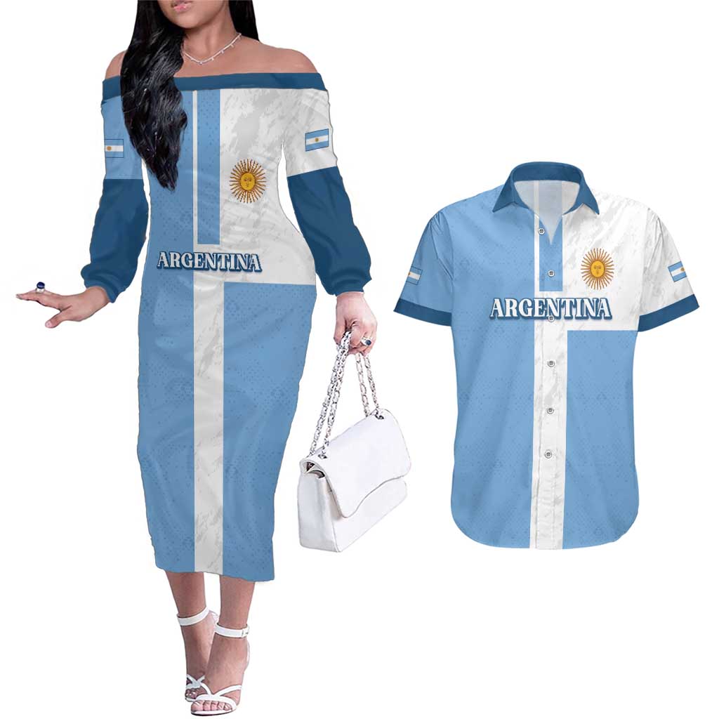Custom Argentina 2024 Football Couples Matching Off The Shoulder Long Sleeve Dress and Hawaiian Shirt Sport Style LT05 - Wonder Print Shop