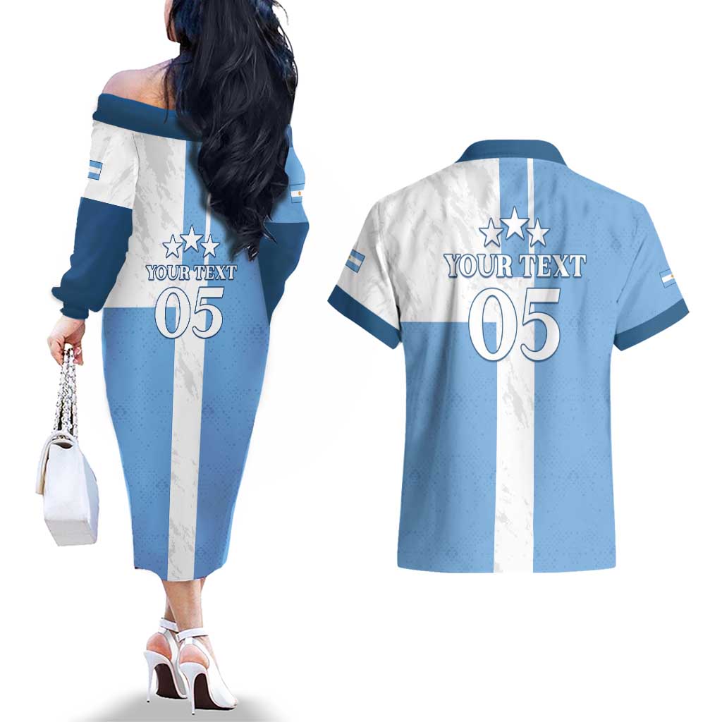 Custom Argentina 2024 Football Couples Matching Off The Shoulder Long Sleeve Dress and Hawaiian Shirt Sport Style LT05 - Wonder Print Shop