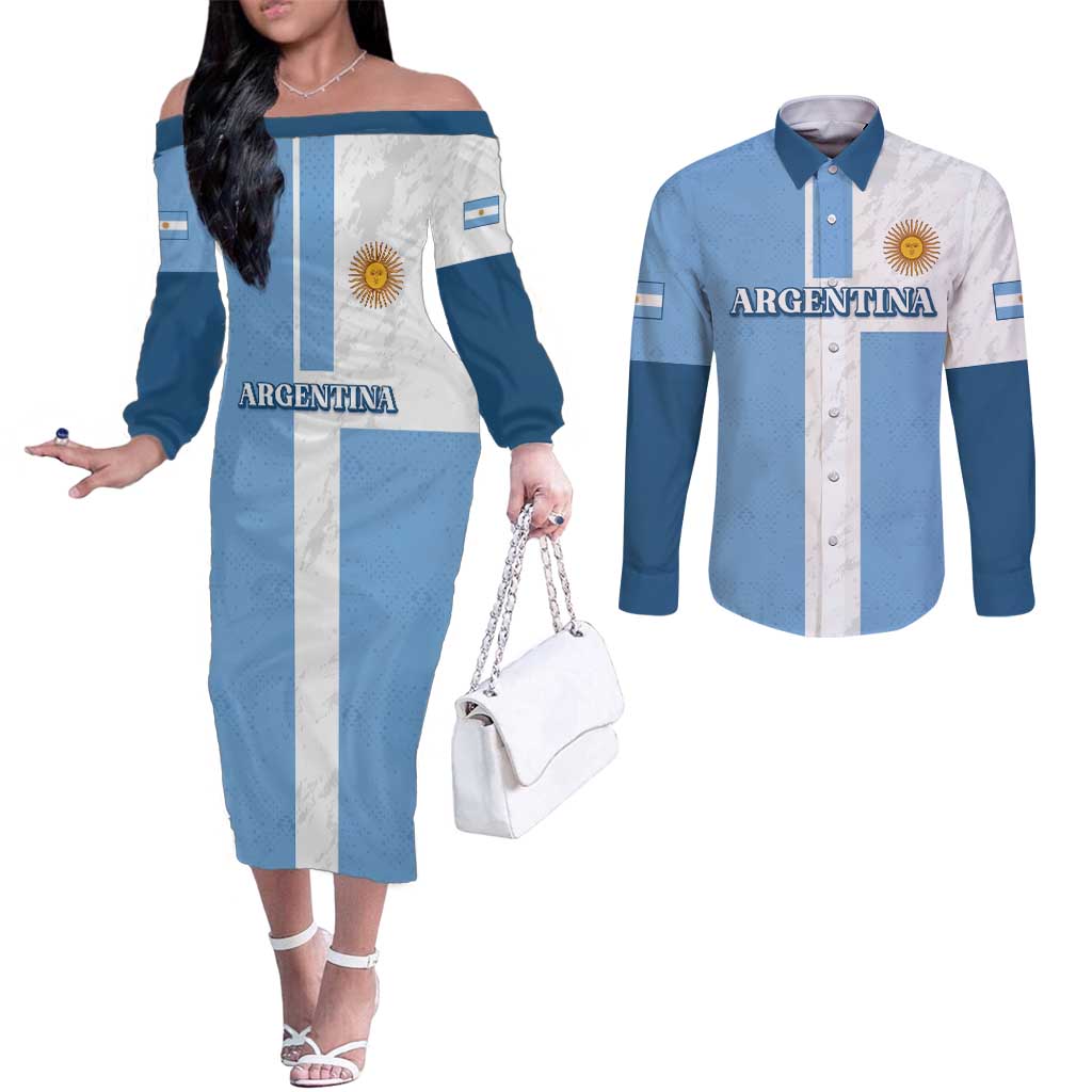 Custom Argentina 2024 Football Couples Matching Off The Shoulder Long Sleeve Dress and Long Sleeve Button Shirt Sport Style