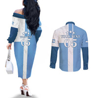 Custom Argentina 2024 Football Couples Matching Off The Shoulder Long Sleeve Dress and Long Sleeve Button Shirt Sport Style