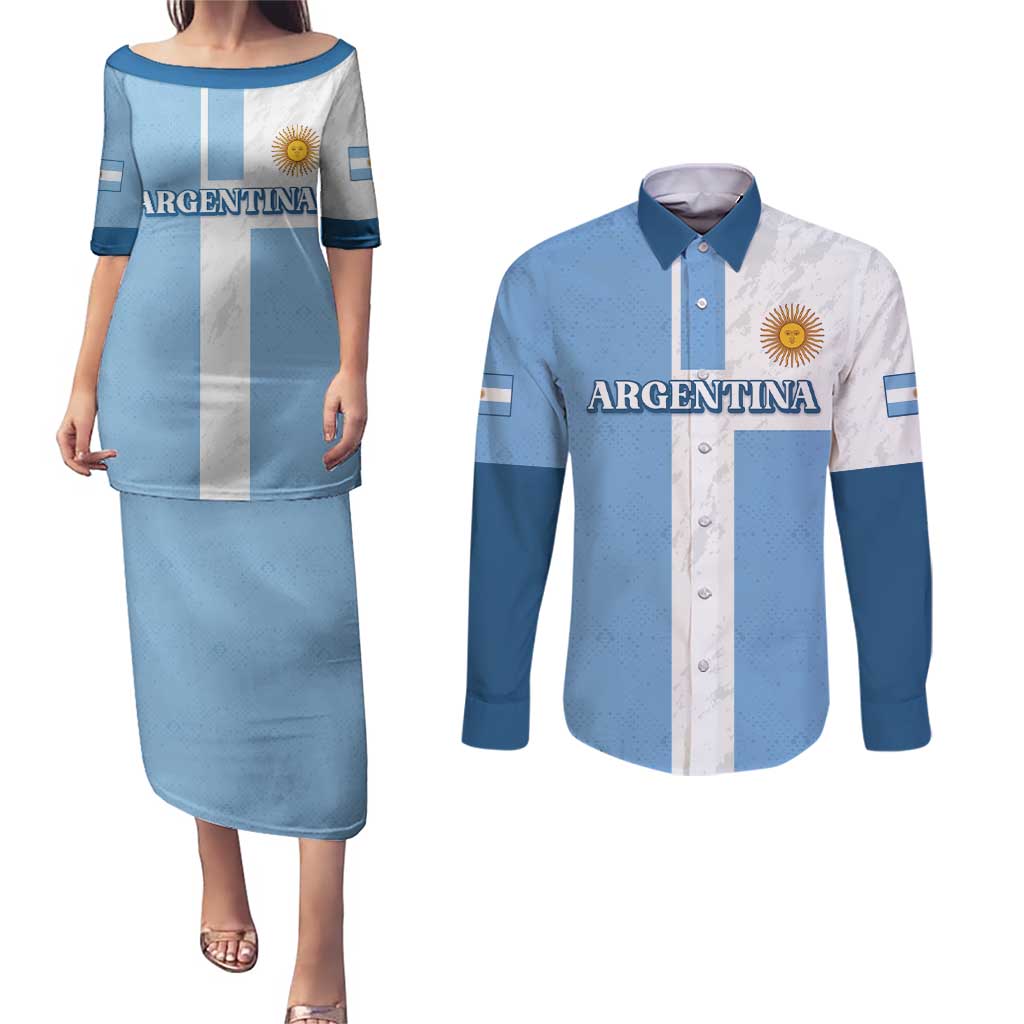 Custom Argentina 2024 Football Couples Matching Puletasi and Long Sleeve Button Shirt Sport Style LT05 - Wonder Print Shop