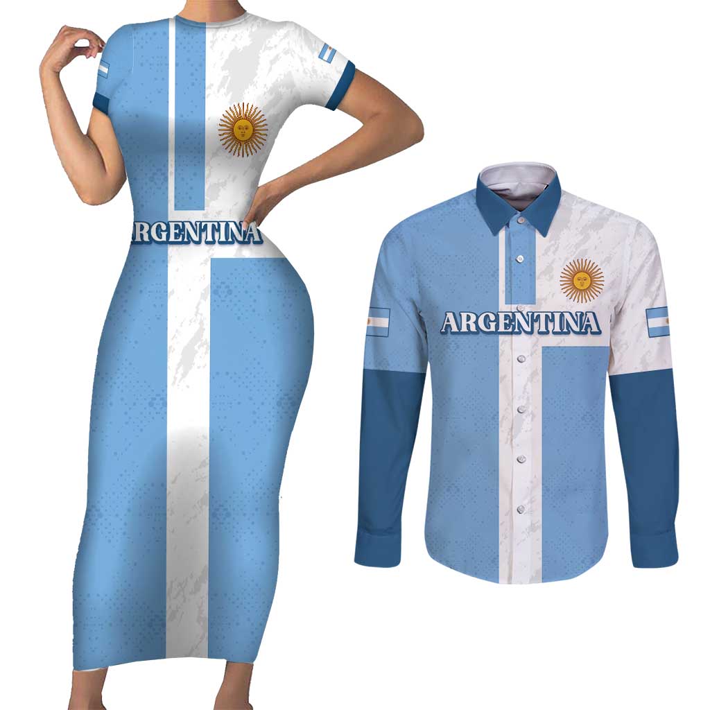 Custom Argentina 2024 Football Couples Matching Short Sleeve Bodycon Dress and Long Sleeve Button Shirt Sport Style LT05 - Wonder Print Shop