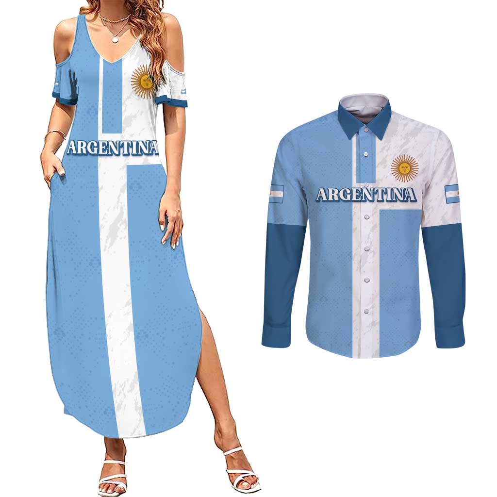 Custom Argentina 2024 Football Couples Matching Summer Maxi Dress and Long Sleeve Button Shirt Sport Style LT05 - Wonder Print Shop